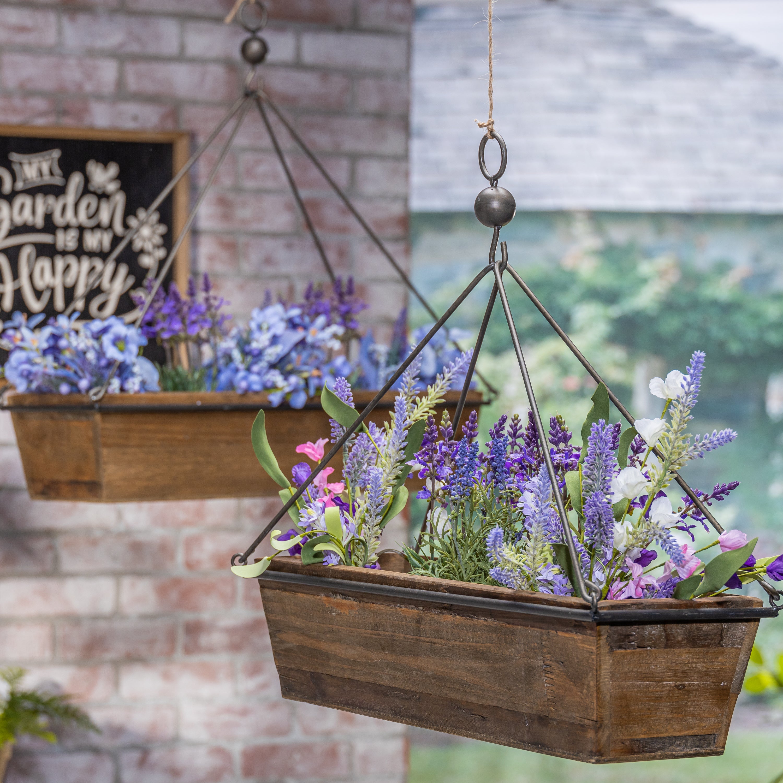 Set of 2 Rustic Rectangle Wood and Metal Planters